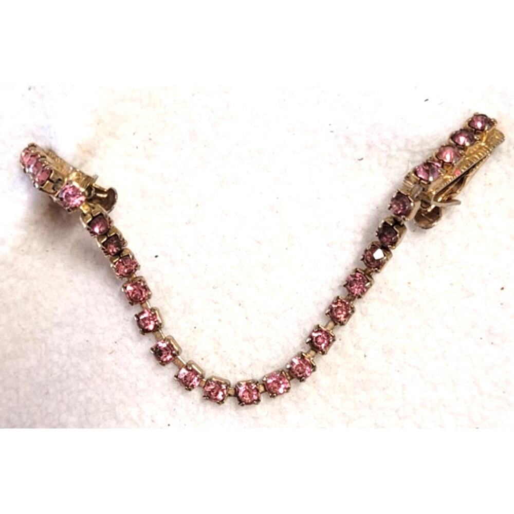 Vintage Pink Rhinestone Sweater Clip Guard Cardigan Gold Tone Pat Pend 6"
